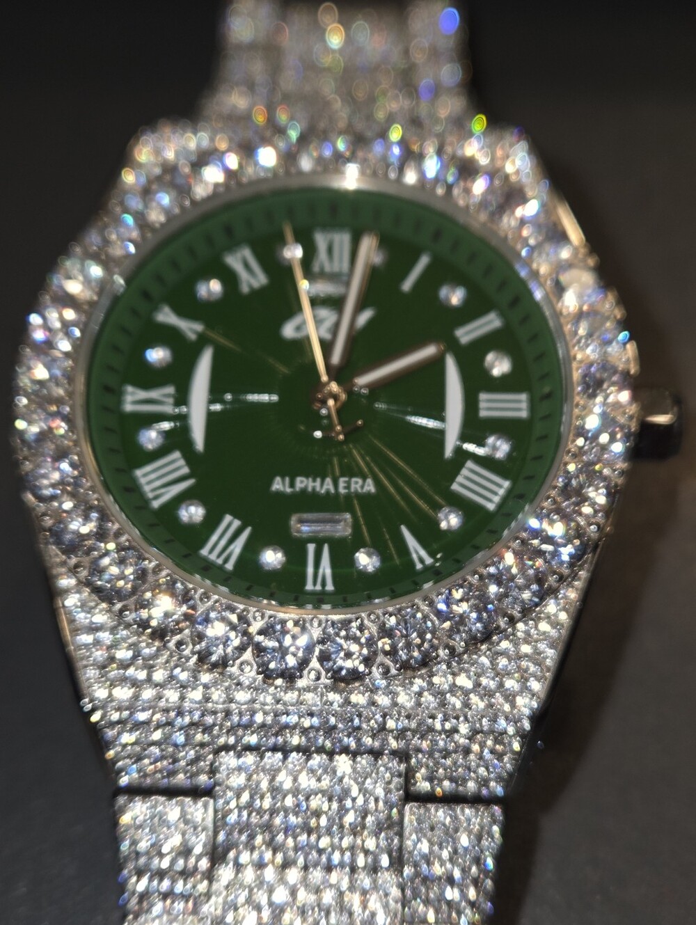 GLD Gold Iced Out 42MM Fully Iced Alpha Era w Diamond Prong Link Band Green Face